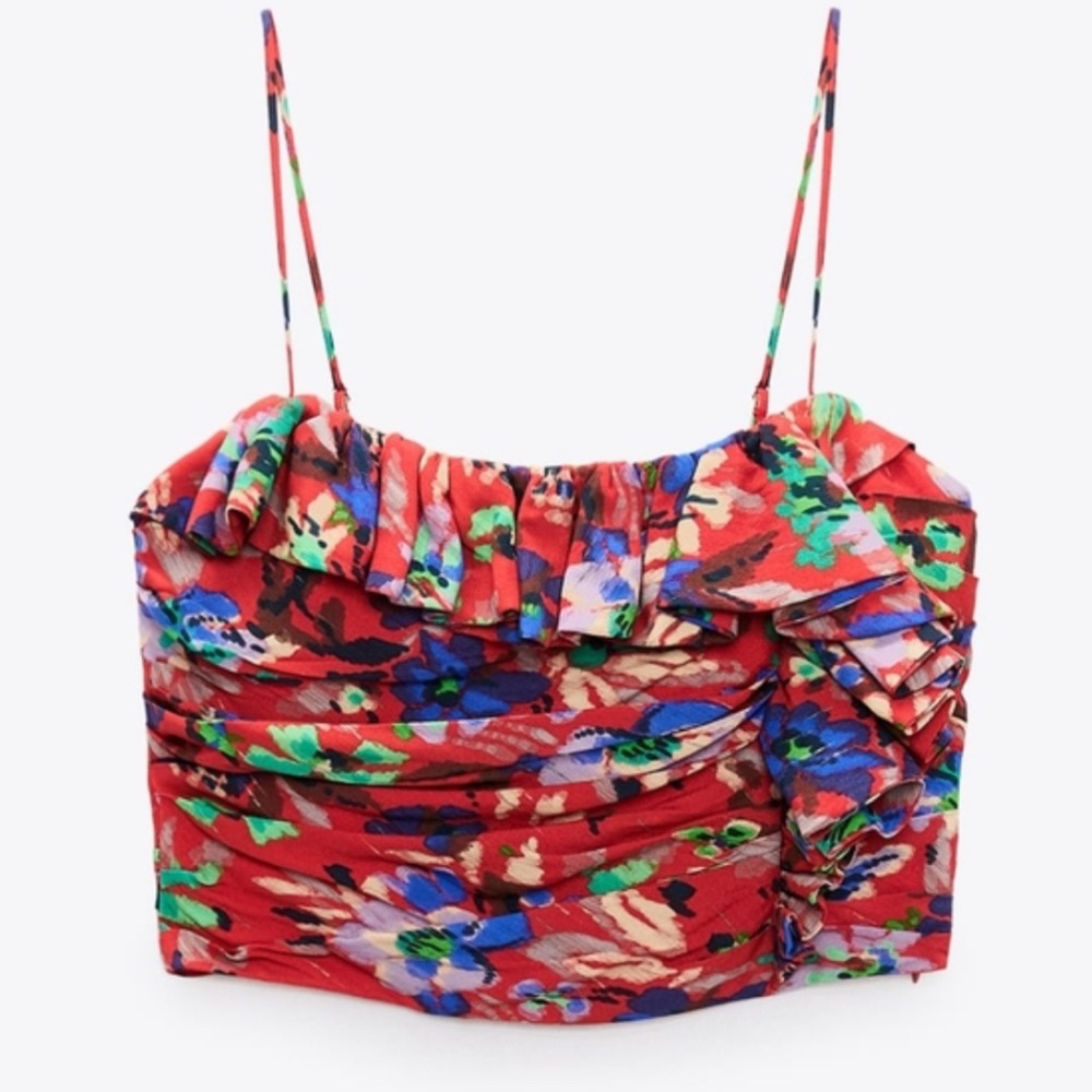 EUC Zara Red Floral Ruffle Bustier Cami Crop Top Large